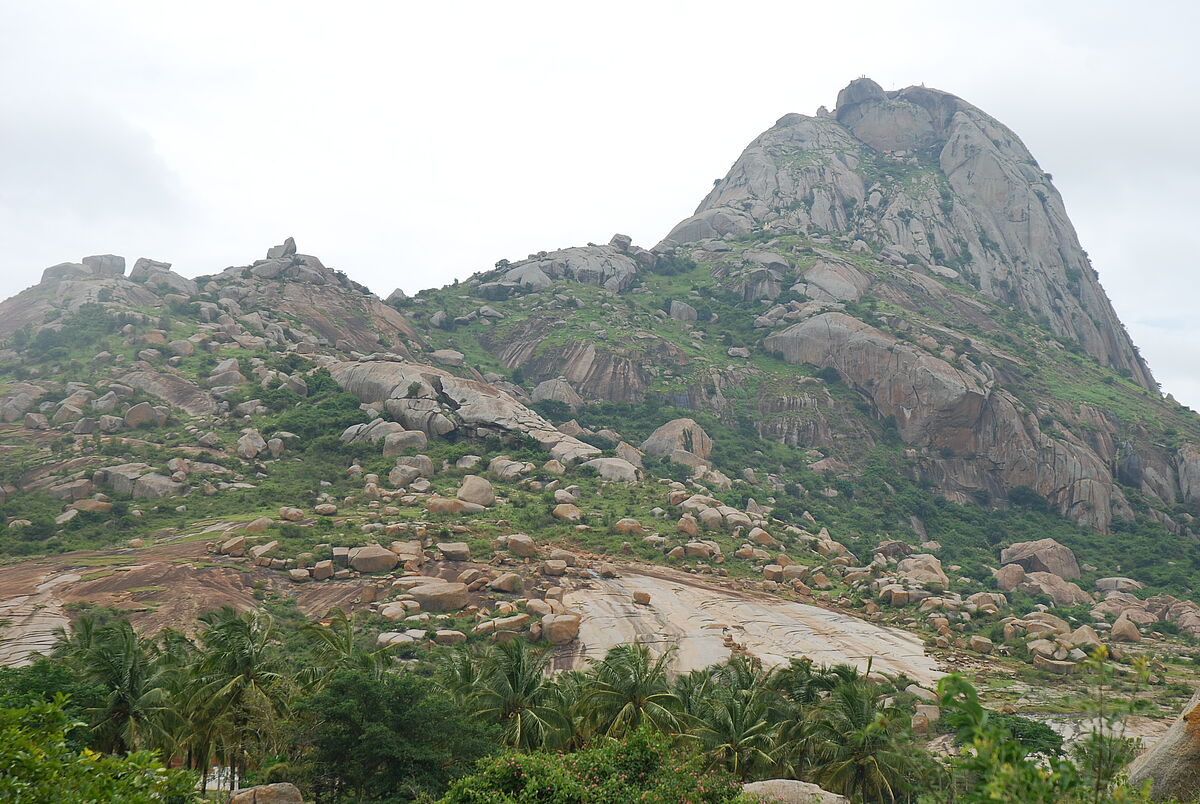 large inselberg with many temples, near Bangalore